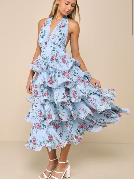 Lulus Dresses & Skirts - Lulu's Exceedingly Gorgeous Light Blue Floral Tiered Halter Midi Dress